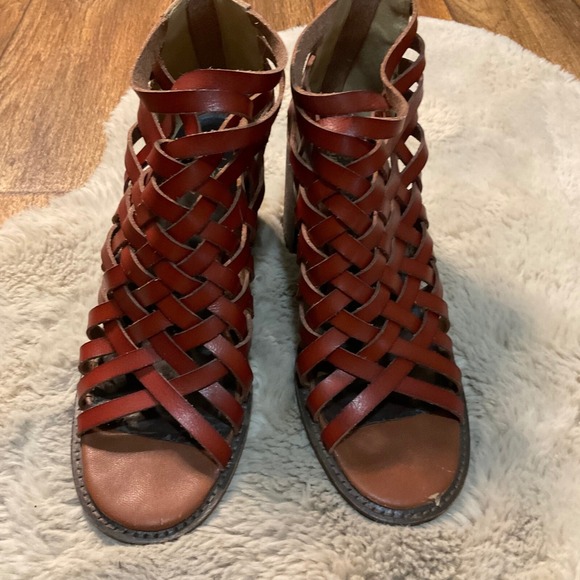 Farylrobin Free People Sandal Woven Brown Leather‎ Size 10 Heeled Open Toe - Picture 2 of 10